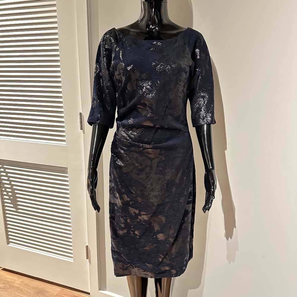 LELA ROSE NAVY BLACK IRIDESCENT FLORAL SHEATH COCKTAIL DRESS SZ 6 M